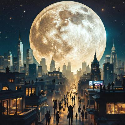 Primary subject: A large moon in the sky.

Setting/background: A cityscape with tall buildings and a street.

Visual style: Digital art.

Colors and mood: The image is in black and white, giving it a classic and timeless feel.